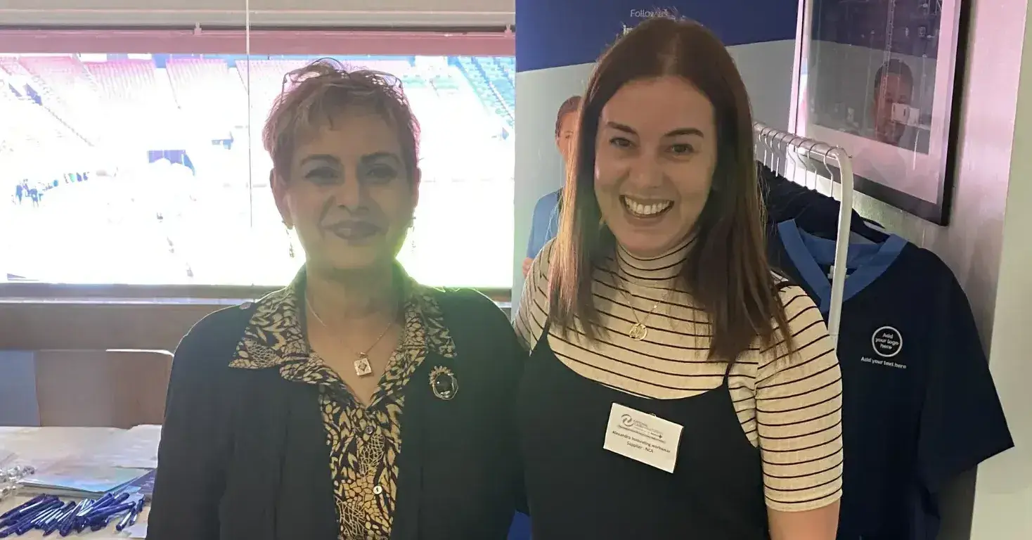 Pictured at the #NCA 2024 conference at Old Trafford is Nadra Ahmed CBE, Executive Co-Chairman, National Care Association (left) with Alexandra Key Account Manager, Lamis (right).