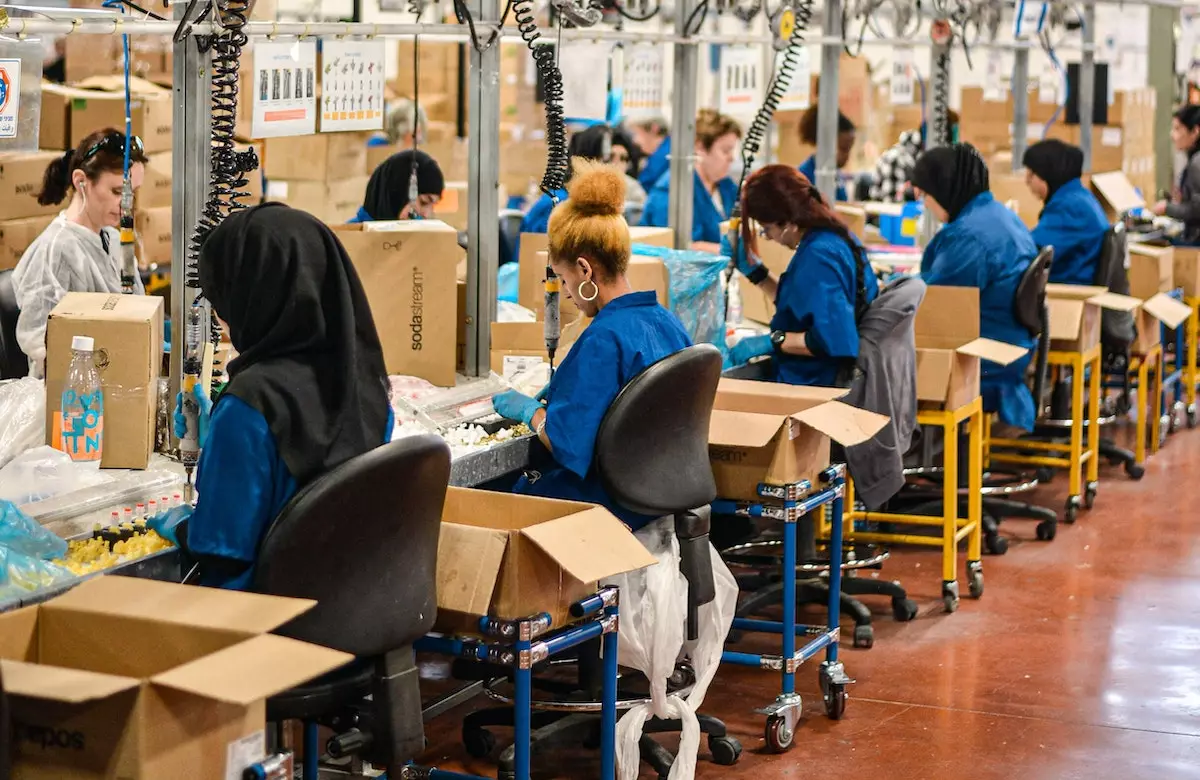 A line of factory workers
